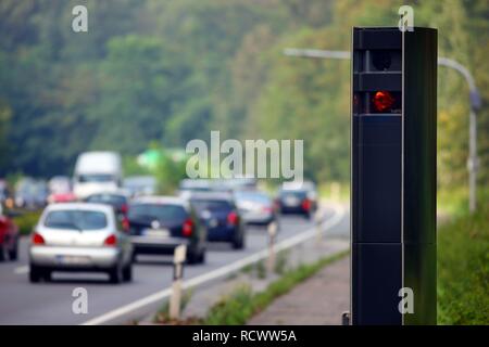 Radar controlled speed monitoring with a TraffiTower speed camera, on the federal road B224, Braukstrasse, in a 70 kilometers Stock Photo