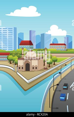 A vector illustration of Mosque in the City Stock Vector