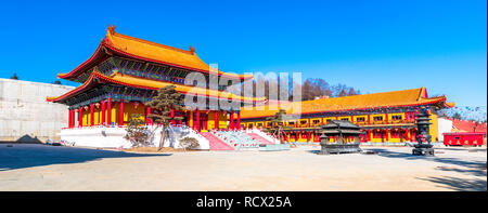 Architectural appearance of the Lingbao temple in Hunchun, China, in the northern province of Jilin. Stock Photo