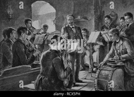 Orchestra rehearsal, woodcut, 1888, historic engraving Stock Photo
