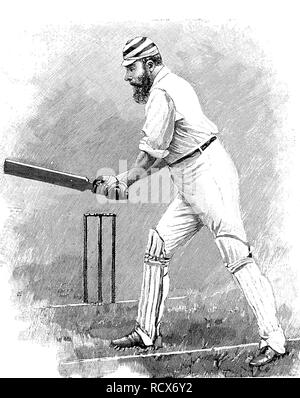 Parrying a ball, English cricket player, man in typical clothes and game play, c. 1870, England Stock Photo