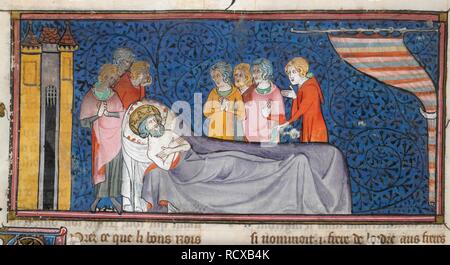 Death of King Louis IX. Chroniques de France ou de Saint Denis, vol. 1. France; second quarter of 14th century. [Miniature only] Death of King Louis IX of France [St Louis] in North Africa, near Tunis, August 1270, after the Eighth Crusade  Image taken from Chroniques de France ou de Saint Denis, vol. 1.  Originally published/produced in France; second quarter of 14th century. . Source: Royal 16 G. VI, f.444v. Language: French. Stock Photo