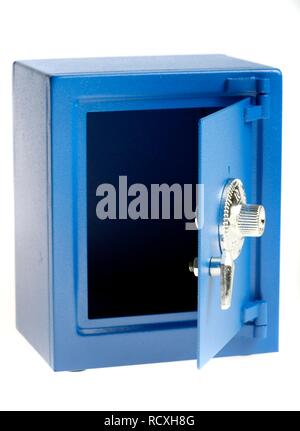 Small blue toy safe with a combination lock, for use as a piggy bank Stock Photo