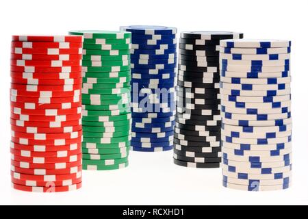 Poker, gaming chips, tokens, with different values Stock Photo