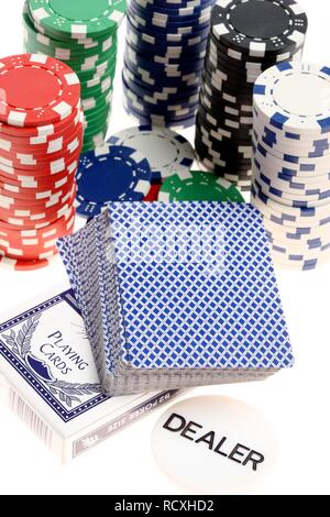 Poker, playing cards, gaming chips, tokens, with different values Stock Photo