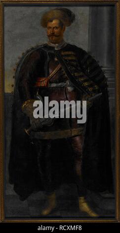 Full-length portrait of an unidentified soldier, probably a Polish mercenary leader, c.1630. He wears a fur cap, a close-fitting leather jerkin trimmed with fur, and a dark cloak ornamented with braid and lined with blue. A sash is twisted round his waist supporting a powder flask, and a small decorated pouch is slung by a strap from his left shoulder. He holds a wheel-lock pistol in his gloved hands. In the background to the right is a polished column. c.1630. Oil on canvas; 68 by 36 ins (172 by 91.5 cms). Source: Foster 15. Author: ANON. Stock Photo