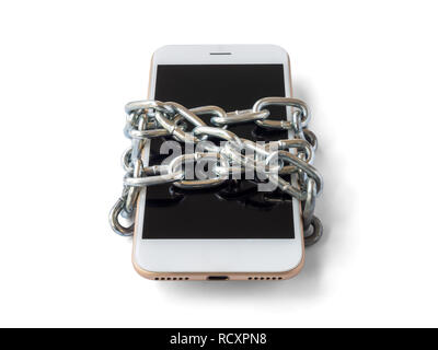 Modern mobile phone with chain locked isolate on white background with clipping path. Concept of social network issues, forgot password, information s Stock Photo