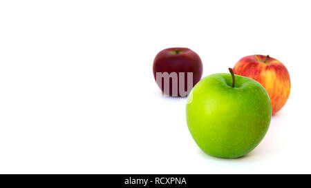 Three Different Color Apples (New Zealand Eve, Granny Smith, Ambrosia) Isolate on White Background with Copy Space, Selective Focus Stock Photo