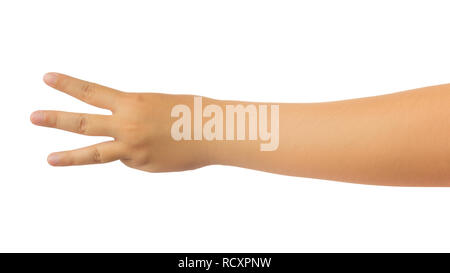 Human hand in reach out one's hand and counting number three fingers gesture isolate on white background with clipping path, High resolution and low c Stock Photo