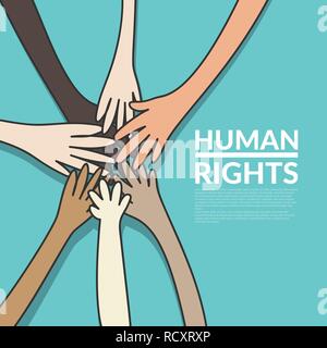 human rights and unity concept. young multi nationality people putting their hands stack together. vector illustration, flat design Stock Vector