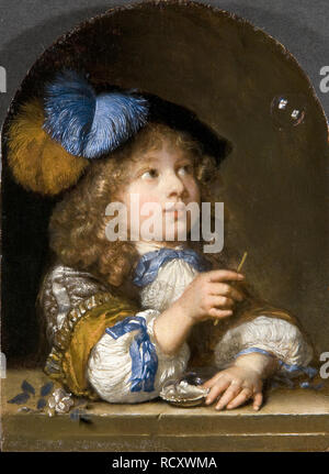 Boy blowing Bubbles. Museum: The Mauritshuis, The Hague. Author: NETSCHER, CASPAR. Stock Photo