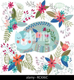 Art vector colorful illustration with cute cat and flowers. Stock Vector