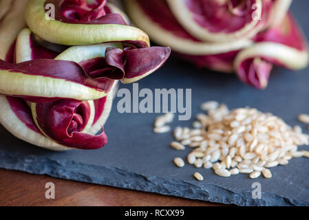 details of radicchio treviso and brown rice, composition on slate board, vegan and healthy food Stock Photo