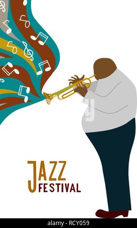 Isolated Black fat man playing trombone cartoon character and notes,jazz festival lettering, flat doodle vector Stock Vector