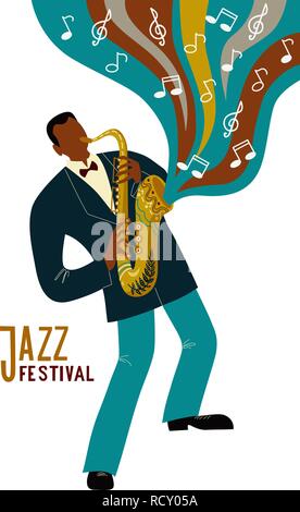 Isolated Black man playing sax cartoon character and notes, flat doodle vector Stock Vector