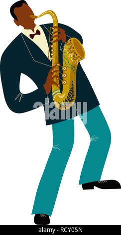 Isolated Black man playing sax cartoon character, flat doodle vector Stock Vector