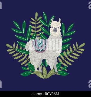 Cute llama with leaves on the blue background, design element. Hand drawing flat doodles Stock Vector