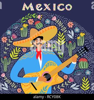 Flat cartoon of a mexican man playing guitar in sombrero, hand drawing folk flat doodles vector Stock Vector