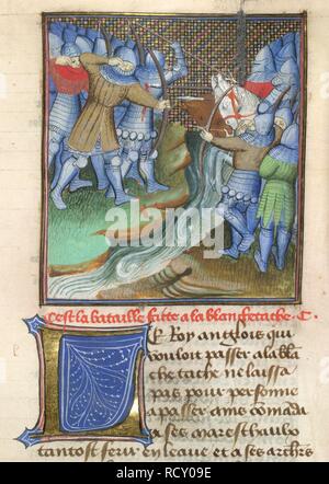 Medieval soldiers fighting, across a river. 'Les Croniques DangLeterre' (Chroniques d' Angleterre). 15th century. Source: Arundel 67, f.144. Language: French. Author: FROISSART, JEAN. Stock Photo
