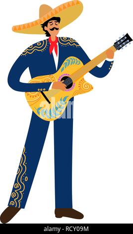 Isolated Flat cartoon of a mexican man playing guitar in sombrero on a white background, hand drawing doodles vector Stock Vector