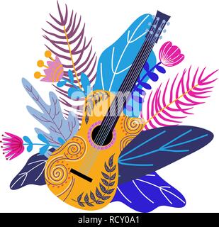 Isolated Guitar and Bright tropical leaves on white background. Hand drawing flat doodles vector Stock Vector