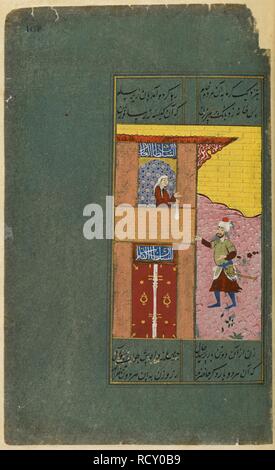 scene from the story of the farmer merchant and grain dealer who deposit their money with the honest old woman she is deceived by one of them into lowering the whole purse from her window to him sinbadnama the story of sinbad in an anonymous persian version with 72 miniatures c1575 source io islamic 3214 f108 language persian rcy0b9