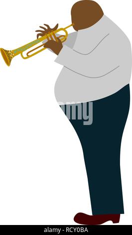 Isolated fat Black man playing trombone cartoon character, flat doodle vector Stock Vector