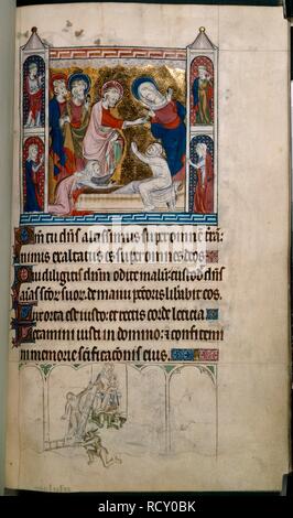 The raising of Lazarus by Christ, with a bas-de-page scene of a monk painting a fresco of the Virgin Mary; his ladder is broken by the devil but he is then rescued by the Virgin. Psalter in Latin, with the Canticles, Litany. England. Source: Royal 2 B. VII, f.211. Language: Latin. Stock Photo