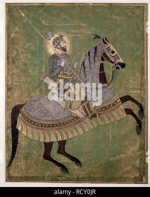 Equestrian portrait of Aurangzeb. He is shown in full armour, holding a gold lance and mounted upon a charger armed with chain-mail. There is a gold halo about the emperor's helmet and his armour is striped with gold. The chestnut horse is prancing to the right; green background. Johnson Collection. c.1680. Opaque watercolour. Gouache with gold; narrow gold inner border. Source: J.3,4. Author: ANON. Stock Photo