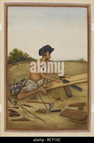 Khati or Tarkhan, carpenter caste of the Panjab. Man sawing a plank. Tashrih al-aqvam, an account of origins and occupations of some of the sects, castes and tribes of India. Written at Hansi Cantonment, Hissar District, eighty-five miles north-west of Delhi for Colonel James Skinner. 1825. Source: Add. 27255, f.287v. Language: Persian. Author: ANON. Stock Photo