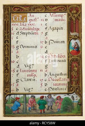 Calendar page for August. (Below) Bird snaring  Image taken from The Golf Book. The Golf Book. S. Netherlands (Bruges), 1520-1530. Source: Add. 24098, f.26. Language: Latin. Author: Workshop of Simon Bening. Stock Photo