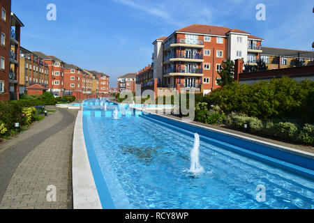 Fountain in the residential area of Sovereign Harbour, Eastbourne Marina, Eastbourne, East Sussex, UKEastbourne, East Sussex, UK Stock Photo