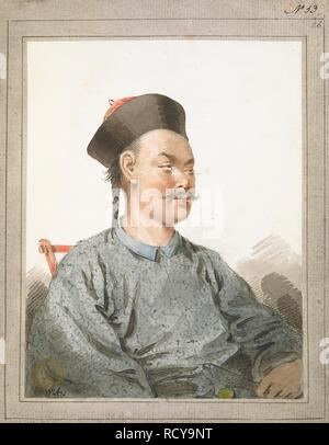 Portrait of a Mandarin / WA. Portrait of a man, seated half-length slightly turned to right, wearing black-brimmed cap with red top, moustache and his hair plaited and holding a fan with his left hand. Signed with initials at bottom left and pasted on mount with washlines.    . [A collection of eighty views, maps, portraits and drawings illustrative of the Embassy sent to China under George, Earl of Macartney, in 1793; drawn chiefly by William Alexander, some by Sir John Barrow, Bart., some by Sir Henry Woodbine Parish, and one by William Gomm. Many of them are engraved in Sir George Staunton' Stock Photo