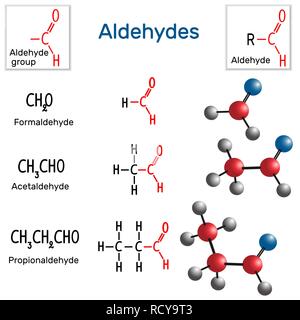Aldehydes. Chemical formula and molecule model formaldehyde, acetaldehyde and propionaldehyde. Vector illustration Stock Vector