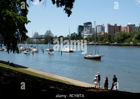 View towards Kangaroo Point and Story Bridge from City Botanic Gardens, Brisbane, Queensland, Australia Stock Photo