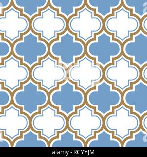 Vector moroccan repeat seamless pattern. Light blue, gold beige line on white background. Stock Vector