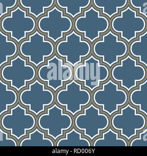 Vector moroccan repeat seamless pattern. Light blue, gold beige line on white background. Stock Vector