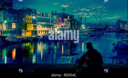 The Zhengbin Fishing Port in north of Taiwan with nice house color and view Stock Photo