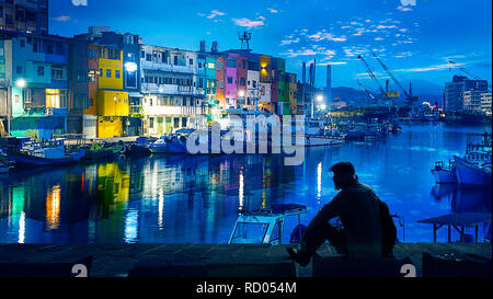 The Zhengbin Fishing Port in north of Taiwan with nice house color and view Stock Photo