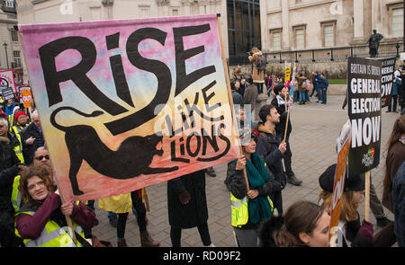 Anti-Austerity/Anti-Government protesters with banners campaigning at the Britain is Broken- General Election Now demonstration in central London, UK Stock Photo