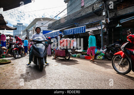NHA TRANG, VIETNAM - SEPTEMBER 12: Typical morning traffic jam at the Cho Dam market in Nha Trang on September 12, 2018 in Nha Trang, Vietnam. Stock Photo