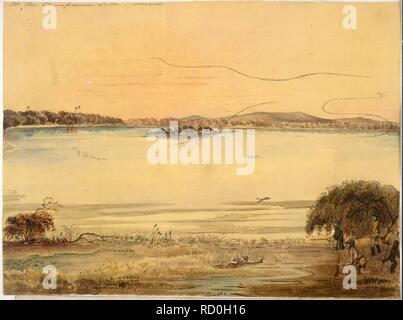 Champaneer Lake. Album of 414 drawings and scraps, and 9 prints of. 1822 - 1856. At the Champaneer Lake. Sunrise.' Pencil, pen-and-ink and watercolour. British school.  Image taken from Album of 414 drawings and scraps, and 9 prints of landscapes, architecture, natural history, and people, including Indian costumes and military uniforms. Made in W. India and the Deccan, 1822-56, and during a journey overland to England, 1840.  Originally published/produced in 1822 - 1856 . Source: WD 1478, 40c. Author: Bellasis, John Brownrigg. Stock Photo