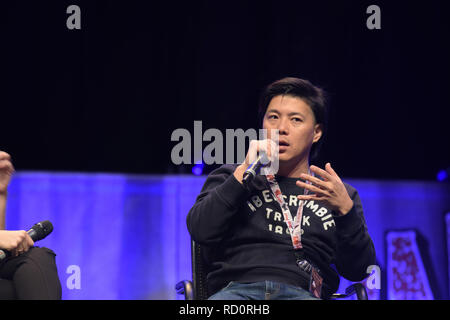 Bonn, Germany. 20th Oct 2017. Akihiro Kitamura (* 1979), japanese actor, talking about his experiences during a panel at Fear Con, a horror fan convention taking place in the Maritim Hotel Bonn between October 20-22nd, 2017. Stock Photo