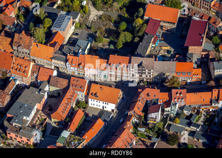 Aerial view, residential area, half-timbered houses near Sankt Nikolaikirche, Quedlinburg-Neustadt, Quedlinburg, Harz district, Saxony-Anhalt, Germany Stock Photo