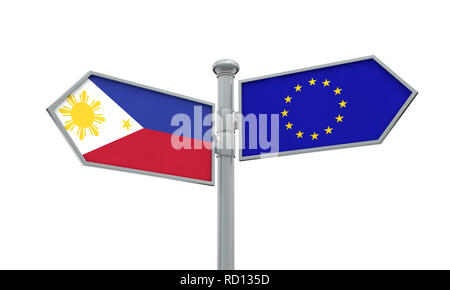 Philippines and European Union guidepost. Moving in different directions. 3D Rendering Stock Photo