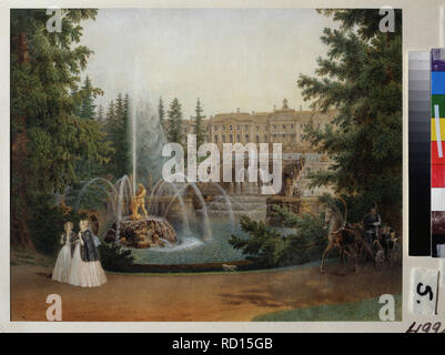 View of the Marly Cascade from the Lower Gardens in Peterhof. Museum: State Open-air Museum Peterhof, St. Petersburg. Author: Sadovnikov, Vasily Semyonovich. Stock Photo