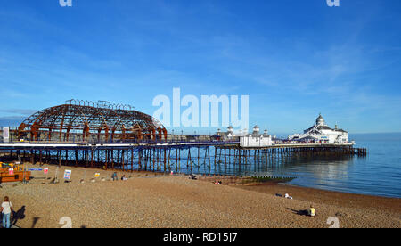 Burnt out shell of Eastbourne Pier following the fire in 2014. Eastbourne seafront, East Sussex, UK