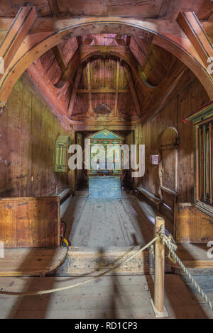 Editorial: LAERDAL, SOGN OG FJORDANE, NORWAY, June 11, 2018 - The altar of the Borgund stave church seen from the middle of the church Stock Photo