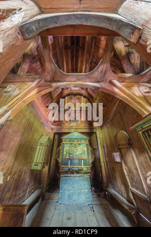 Editorial: LAERDAL, SOGN OG FJORDANE, NORWAY, June 11, 2018 - Looking at the ceiling structure just above the altar in the Borgund stave church Stock Photo