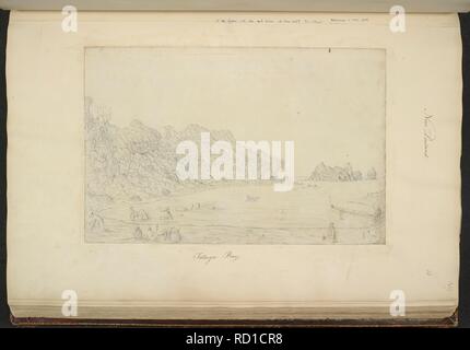[Whole drawing] View of Tolaga Bay, New Zealand, with Maoris in the foreground, one holding a 'kotiate', a Maori weapon club. Described in Captain Cook's journals on 29 October 1769. A Collection of Drawings made in the Countries visited by Captain Cook in his First Voyage, 1768-1771. New Zealand; 1769. Source: Add. 23920, f.38. Language: English. Author: SpÃ¶ring, Herman Diedrich. Stock Photo